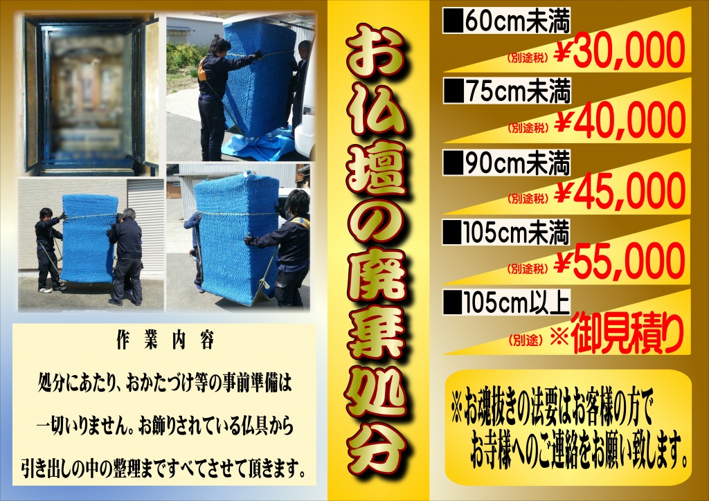 仏壇処分・京都府で仏壇修理なら、お仏壇と同様に長きわたって愛用されてきた仏具にも、汚れは溜まっています。仏壇をきれいにするのと同時に仏具も綺麗にクリーニング出来ますので、ご要望がありましたらお申し付けください。唐木仏壇は年数が経ってくると、艶が無くなりくすんだように見えます。御仏壇を解体し、ヤニや煤の付着した汚れを除去します。また、板の割れや傷のついた部分を修復していき、背面の金紙を貼り直し、障子の張り替え全体的に塗装等の仕上げをし、新品同様に甦らせます。障子の紗を張り替えた事により、全体が引き締まりました。段廻り、金紙等 背面の向板・側板の金紙を張替える事で、お浄土の輝きを取り戻しました。段廻りの傷も補修後に塗装し、自然な風合いに仕上げていきます。表面塗装、金具 表面の艶の違いがはっきりと分かります。金具も調整後、色を付け直していきます。金箔の押し直し 経年劣化により、剥がれた漆箔も元通りに。京都仏壇 古都京都は言わずと知れた仏教の町です。 京都市内には1600余のお寺があります。お寺だけではなく神社も240余の数が建立されています。 浄土真宗の西本願寺と東本願寺をはじめ比叡山や多くの本山があります。様々な仏教がここ京都から全国へ広がりました。 当然、仏壇の歴史もここ京都から始まり全国へ広がりました。全国の仏壇のルーツでもあり、各地の仏壇産地の原点とも言えます。また、京仏壇は日本伝統工芸品に指定されているのは当然ですが、仏具も京仏具として伝統工芸品に指定されています。京都府の仏壇修理 掛軸の修復 ご存知の様に弊社は仏壇の修理・クリーニングの専門店ですが、仏壇の修理ご依頼の次に多いのが、掛軸の修復です。その中には、床の間に飾る掛軸もあれば、お仏壇にご安置している仏様や御本尊の掛軸の修復もあります。掛軸の修復の事を一般的には、『表装』と言いますが、その作業内容は、裏打の和紙の剥離から始まり、染み抜きやあく抜き、中にはカビの除去も行い、裂地の付け廻し。そして、裏擦りをしながら表装を行い、軸棒と八双、風帯を取り付けます。表装とは、書や絵画の鑑賞、そして保存を目的とした東洋伝統の技術で日本で更に進化・発展をしてきた技術です。仏壇・仏具 京都府  京仏壇  キョウブツダン 寺院用に製造される本格派仏壇 卓越された技術が生む美しい装飾 特徴 & 産地 歴史制作工程特徴・産地京仏壇とは？ 京仏壇（きょうぶつだん）は、京都府京都市や亀岡市周辺で作られている仏壇仏具です。京都で作られる京仏壇は、家庭用としてではなく、そのほとんどは寺院用として納められています。 京仏壇の特徴は、ひとつひとつの工程が細かく分業されていることによる、職人たちの技術力の高さです。京仏壇ひとつをつくりあげるのに、約40もの職種の職人たちが携わると言います。 このようにひとつひとつの作業を細かく分け、その作業に精通した職人たちが合わさって作り上げた京仏壇は、日本国内だけでなく海外からも高い評価を受けるほどです。 また、こうして多くの職人が携わることによって、家庭用だけでなく、より大きな寺院用の仏壇づくりの基盤が既にできあがっていることが、寺院における京仏壇の割合が日本全国で高い由縁だと言えます。 History / 歴史 京都は、仏教文化の都として栄え、今でも数多くの歴史的な寺院が残る場所として知られています。明確な年月までは明らかにされていませんが、京都に仏具が伝来したのは、仏教の伝来と同時期の6世紀頃（飛鳥時代）です。そして、実際に京都で仏具が作られるようになったのが8世紀頃（奈良時代から平安時代にかけて）で、11世紀（平安時代）に七条に仏工が集められたことで製作が本格化したと言われています。京仏壇の起源として示されるのは、だいたいが本格的に仏具の製作が行われた11世紀頃です。 江戸時代になると、宗門改めというキリスト教を禁制するための仏教徒の調査によって、各家庭における仏壇の設置が進みます。このように仏壇の需要が高まったことで、京仏壇はさらに生産を拡大していきました。しかし、仏壇と言ってもその形は宗派によって様々です。京都で、仏壇の製作工程が細分化されている背景には、様々な宗派のニーズに応え、生産を効率化させるためという理由もありました。 このように多くの職人によって作られる京仏壇は、伝統的な価値のある工芸品として、1976年（昭和51年）には、国の伝統工芸品に指定されています。制作工程・木地（きじ）工程 京仏壇の木地には、ヒノキや松を2年から3年ほど乾燥させたものを使用します。耐久性があり、彫刻するのに程よい硬さだからです。また、ヒノキや松は漆を塗るのにも相性が良いとされています。ヒノキや松などの素材を使って、宗派ごとに定められた形に木地をつくっていくのが、数ある京仏壇の木地師の仕事です。屋根工程 屋根工程とは、仏壇の屋根の内側にあたる部分の作業です。小さな部品をひとつひとつ丁寧に組み立てて作っていきます。京仏壇において、この屋根工程は屋根師が行う作業です。木彫刻（もくちょうこく）工程 西本願寺派であれば素牡丹、東本願寺派であれば雲に天人など宗派によって、彫刻するものが異なってきます。木彫刻とは、宮殿（くうでん）、須弥壇（しゅみだん）、卓などに彫刻を施していく作業です。彫刻師などが、ノミや小刀を使ってひとつひとつ手作業で彫っていきます。いかに躍動感にあふれ、生命力を感じる彫刻を施すかが重要になる作業です。漆塗（うるしぬり）工程 京仏壇の製作工程の中で、漆塗りは細心の注意が必要な作業です。まず、砥粉（とのこ）と生漆（きうるし）を混ぜたものを使い下地を塗っていきます。ここで砥粉を使うことによって、より耐久性が増すのです。そして下地を塗った後は、下塗り、中塗り、上塗りと、研磨と漆の重ね塗りを交互に行いながら仕上げていきます。しかし、上から漆を塗り重ねるにはしっかりと乾燥させなければなりません。ただ、常温で放置しているだけではしっかり放置しているだけでは乾燥しないのが漆塗の難しさです。漆風呂という漆が乾燥するのに適した温度と湿度の場所で乾燥させ、さらにほこりがつかないようにしっかりと管理する必要があります。蝋色（ろいろ）工程 蝋色とは、京仏壇独特の作業です。炭で磨く炭研ぎや胴擦り（どうずり）、生漆を塗りこむ摺り漆（すりうるし）、鹿の角を原料にした研磨剤を使った角粉（つのこ）磨きと幾重も研磨作業を行っていきます。何度も磨いていくことで、京仏壇独特の美しい艶が現れるのです。蒔絵（まきえ）工程 蒔絵は、漆で描いた文様の上に金箔などをまいて表現する絵のことです。京仏壇では、細かい金箔をまいて乾燥させるだけの消し粉蒔絵や、まいた金箔の上に漆を塗って研ぎだす重厚感のある研ぎ出し粉蒔絵など、様々な表現が用いられます。彩色工程 京仏壇では、一般的な極彩色、木地の素材を活かした木地彩色、透明感を出した箔彩色という3つの彩色の技法が用いられます。彫刻された木地にうまく馴染ませるために、絵の具の調合がものをいう作業です。純金箔押工程 純金箔押しとは、漆が塗られた部品に金箔を施していく作業です。古来より仏壇で表現される仏像などは金色で表現することが定められています。そのため、純金箔押しでは、仏像をはじめ宮殿などの細かな部分にひとつひと手作業で金を施していく細やかな作業です。京仏壇では、均一に箔押漆を塗り、綿で拭き上げ、金箔を押して張っていく独特の方法で金箔を施していきます。この技法により、京仏壇特有の重厚な仕上がりになるのです。錺金具（かざりかなぐ）工程 錺金具とは、仏壇の補強や戸の蝶番（ちょうつがい）、装飾などで用いられる金具のことです。銅や真鍮（しんちゅう）などが素材として用いられ、タガネという工具を使って細やかな彫刻を行っていきます。薄い金属を加工していく作業なので、集中力を要し繊細さが試される作業です。