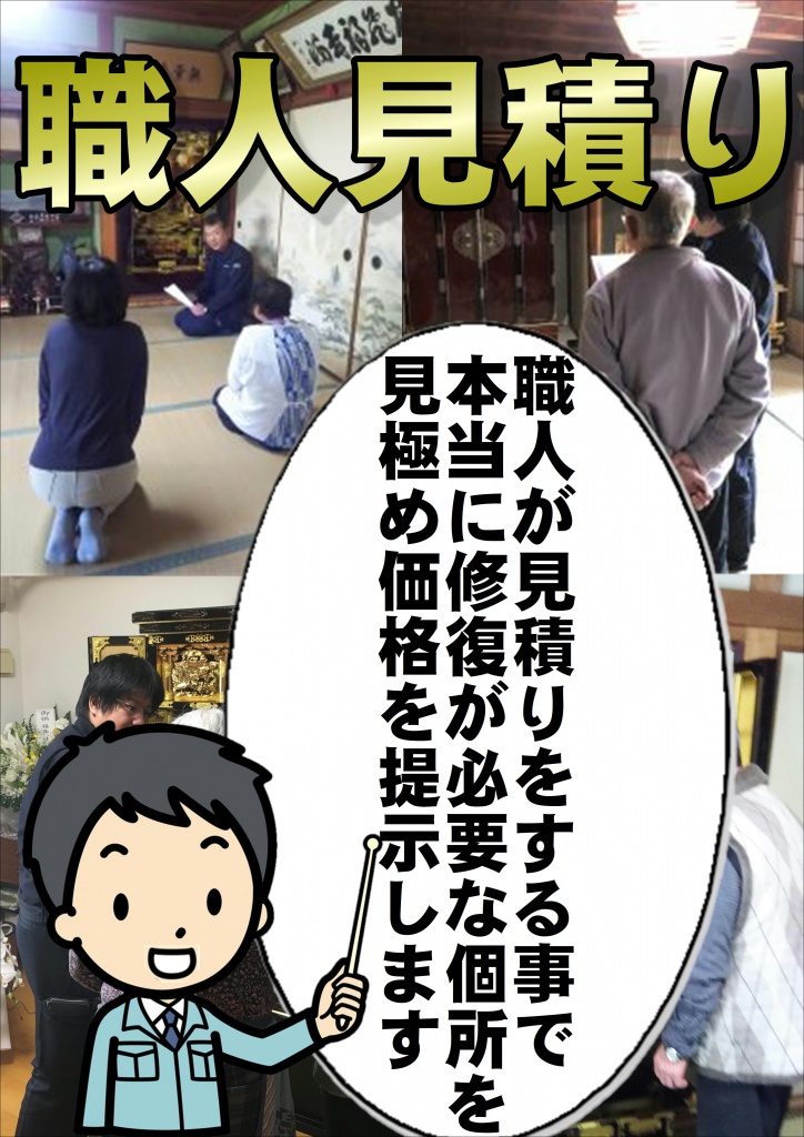 【大阪府での仏壇修理職人による仏壇修理見積り】長年のススや埃、汚れで失われてしまった金箔の輝きをプロの手で取り戻すことができます。買い替えよりも費用を確実に抑えられますし、代々受け継がれてきたものをさらに後世へと残し続けられます。仏壇のお手入れに関しては明確な周期などはありませんが、年忌法要前や退職・還暦のお祝い、新築・増築祝いなどの節目がおすすめです。実家にプレゼントとしてもいいですね。お仏壇再生クリーニングはご自宅でも  施工いたします。お仏壇をご自宅から出したくない方、出すのが困難な場所など、出張で施工いたします。障子 (紗) の張替えです。永年のススやホコリで汚れたり、破れたりしています。紗を張り替えるだけでも、見違えるように綺麗になります。紗張替えだけの部分修復も承ります。造り付けのお仏壇の修復です。正面、側面に金紙を貼り、洗浄、艶出しを施しました。唐木仏壇の再生クリーニングです。唐木専用洗剤で汚れを落とし、正面、側面の金紙を張り替えます。その後、艶出し、紗の貼り替えです。お仏壇クリーニング　(洗浄・修復)木地の大きな傷みもなく、お線香のススやホコリで汚れているだけなら、クリーニングできれいにに再生できます。ご自宅施工、お預かり施工、どちらでも可能です。費用を押さえて、短期間に施工いたします。施工期間は、ご自宅で1～４日間。お預かりで、４日間～。お見積もりは無料です。お気軽にお問い合わせ下さい。施工内容、金箔 (唐木) の洗浄・修復。金具再生。障子 (紗) の張替え。漆 (唐木) の艶出し。仏具再生。